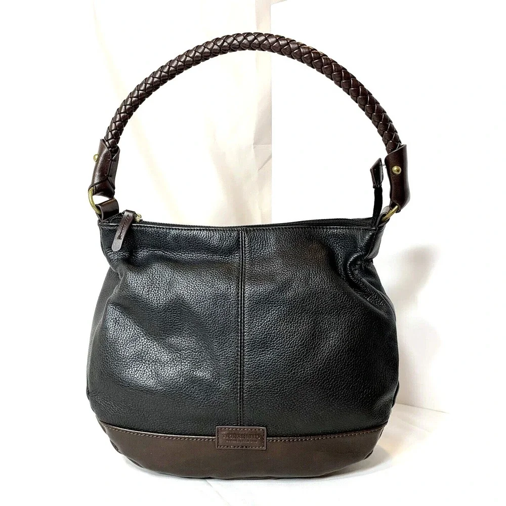 Tignanello Handbag Black Leather Hobo Shoulder‎ Purse Brown Trim Western Braided